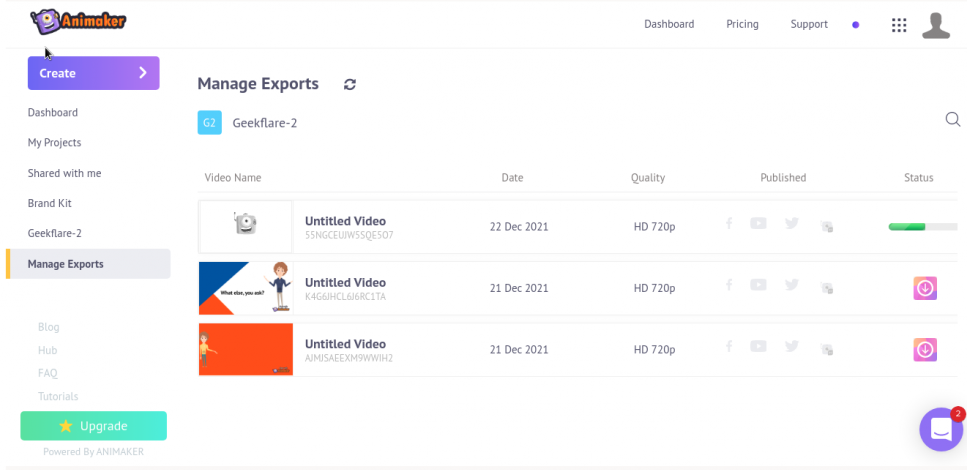 gestionați exporturile animaker