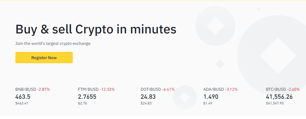 Página inicial da Binance