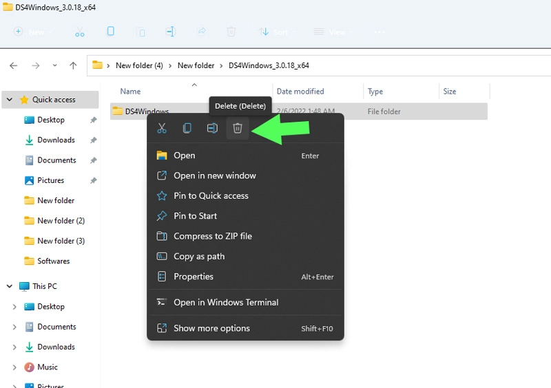 قم بإزالة ملفات DS4Windows باستخدام مفتاح الحذف أو تحديد أيقونة سلة المهملات