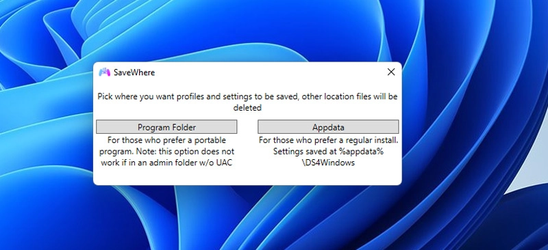 حدد بيانات التطبيق في معالج تثبيت DS4Windows