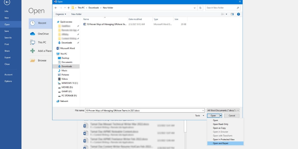 MSWordのユーティリティを開いて修復します