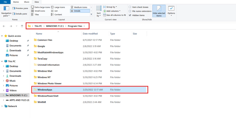 顯示 WindowsApps 文件夾