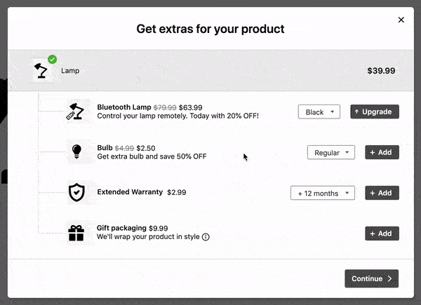 Verdadera demostración de venta adicional (actualización) en la aplicación Candy Rack