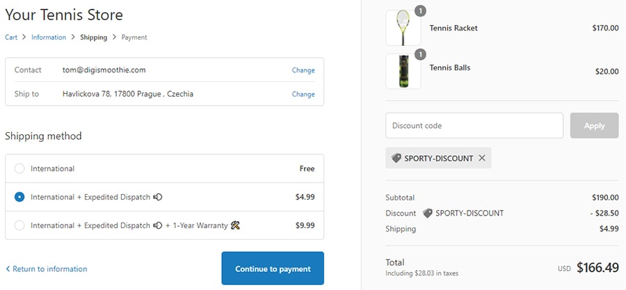 Ejemplo de una venta adicional nativa de Shopify Checkout a través de opciones de envío