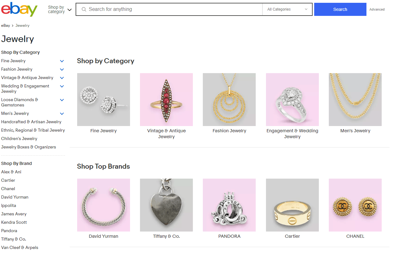 Captura de pantalla de la página de listado de joyas de eBay
