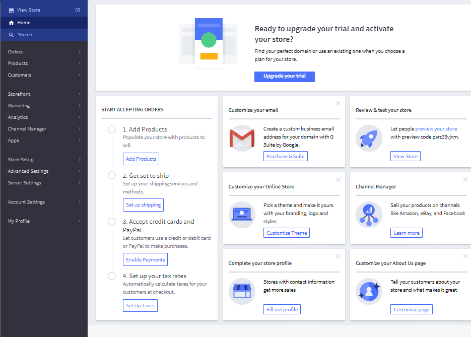 Captura de pantalla del panel de administración de BigCommerce