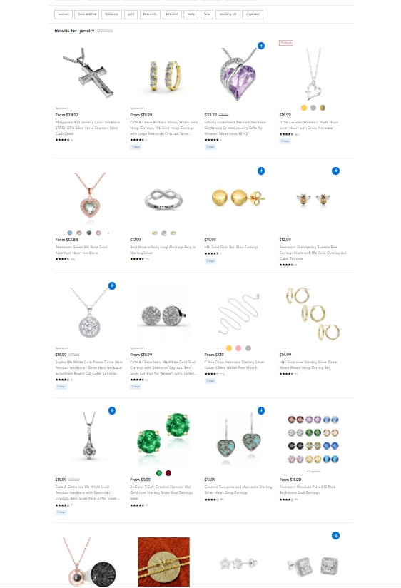 Captura de pantalla de la página web de Walmart Marketplace que muestra joyas