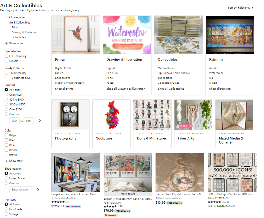 Etsy 的艺术作品子类别的屏幕截图