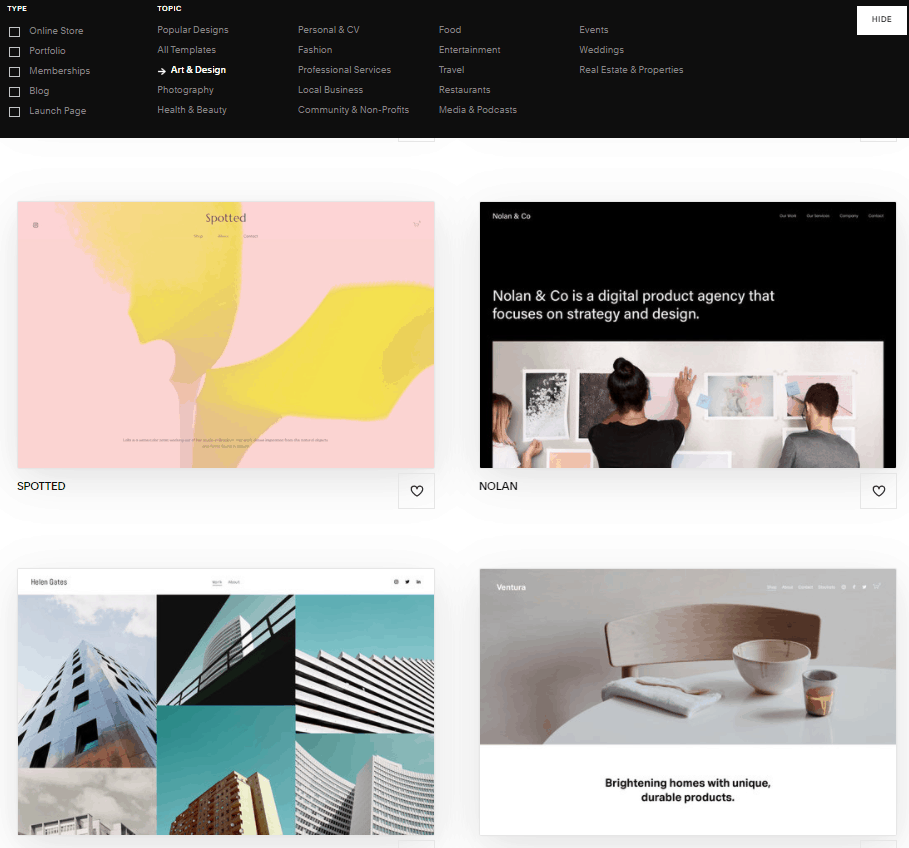 为艺术家设计的 Squarespace 模板的屏幕截图