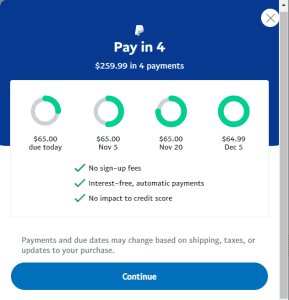 Pay In 4 免息付款明细。