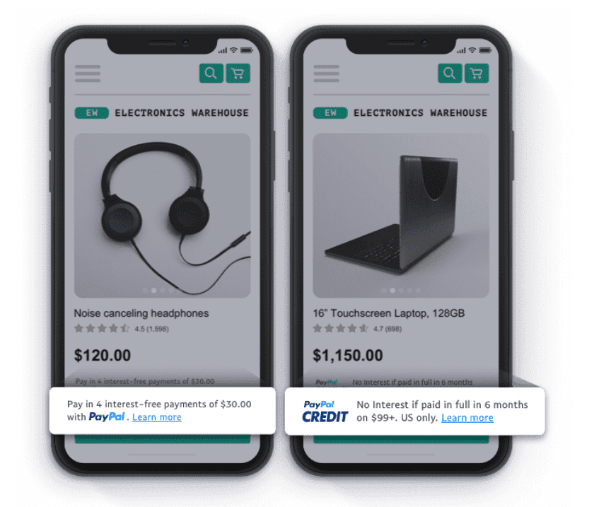 现场显示 Pay In 4 和 PayPal Credit 选项的 PayPal 动态消息。