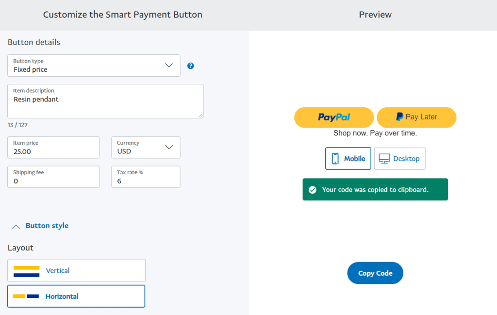PayPal 按钮生成器示例。