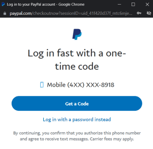 PayPal一次性代码登录弹出窗口。