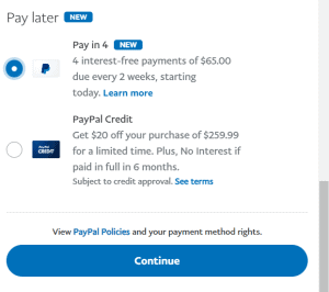 PayPal Pay In 4 和 PayPal Credit 选项。
