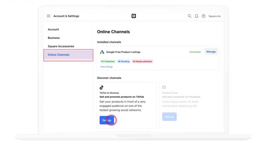 Square Online 商店仪表板中的 Square 在线销售渠道。