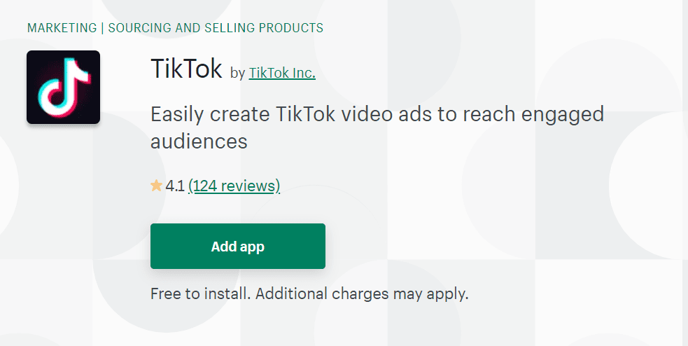 Shopify 应用商店上的 TikTok 应用安装页面。