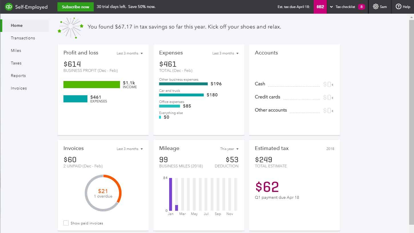 dashboard per lavoratori autonomi di quickbooks