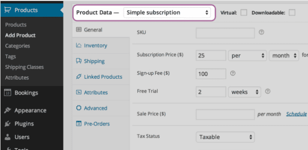 WooCommerce 管理頁面的屏幕截圖，顯示訂閱選項