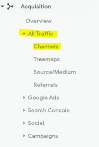 Captura de tela do Google Analytics com Todo o tráfego e canais destacados