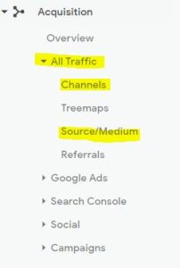 captura de tela do menu do Google Analytics mostrando Todos os canais de tráfego e origem destacados