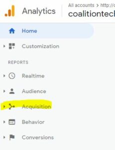 captura de tela do painel do Google Analytics com Aquisição realçada