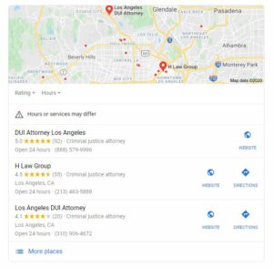 captura de tela das listagens do mapa dui advogado no Google
