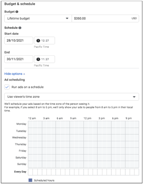 Agendamento de anúncios do Facebook