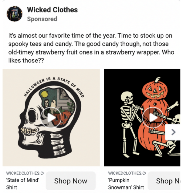 Teste AB de um anúncio do Facebook para mercadorias de Halloween
