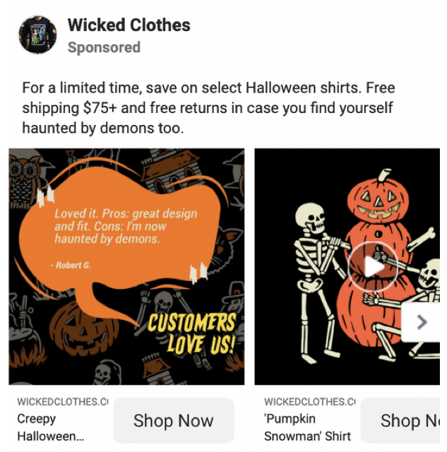Teste AB de um anúncio do Facebook para camisas de Halloween