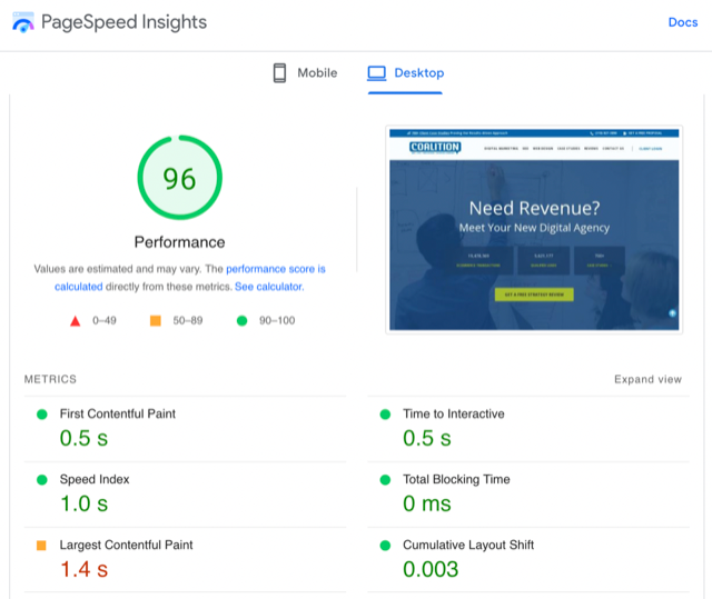 Google PageSpeed Insights 결과의 스크린샷