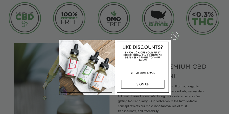 Captura de tela de uma oferta de desconto de 20% para inscrições de e-mail