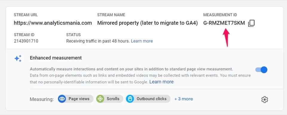 GA4プロパティの測定IDを示すスクリーンショット