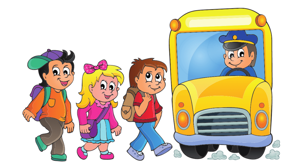 Scuolabus con gli studenti che entrano