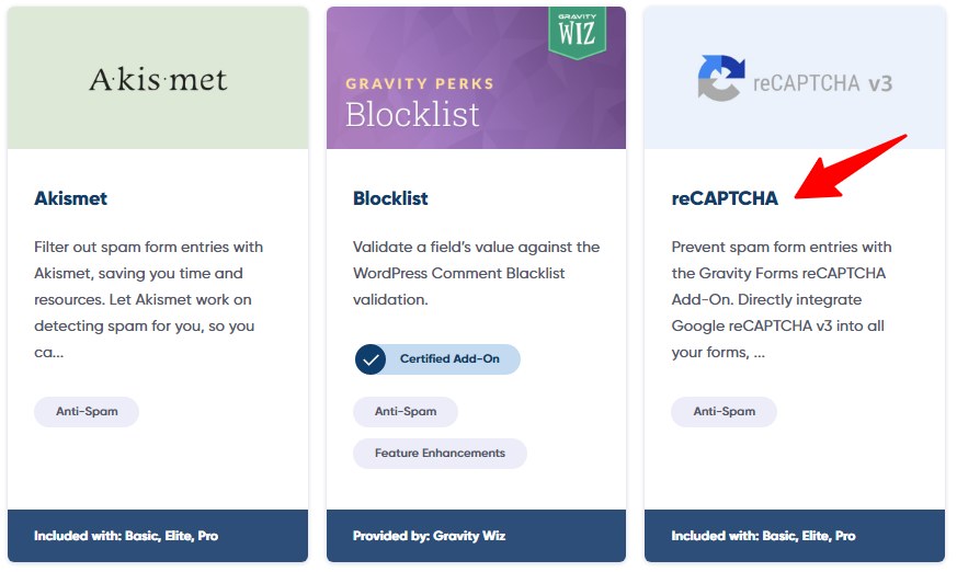 Strona dodatku Gravity Forms dla reCAPTCHA v3