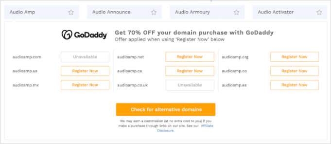 Rezultatele căutării în domeniul Godaddy