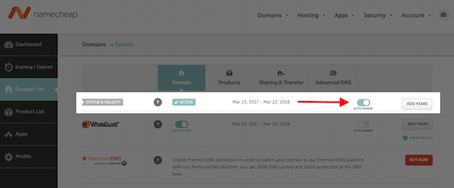 Reînnoire automată Namecheap