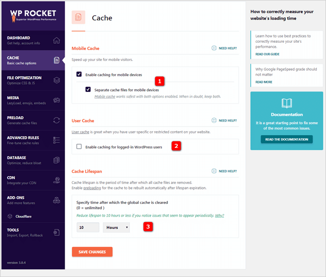 Настройки кэша WP Rocket