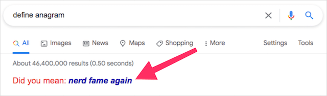 Trucco di ricerca di Google Definisci anagramma
