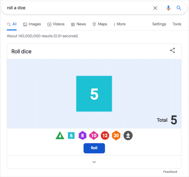 Lancio di dadi trucco di Goole Search