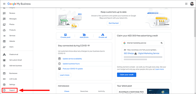 Кнопка поддержки Google Мой бизнес
