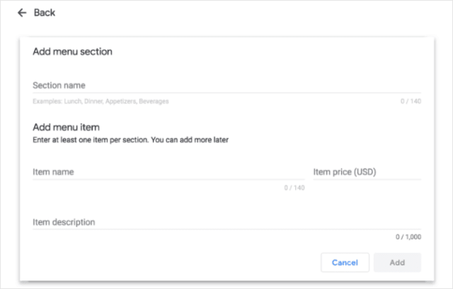 Меню страницы Google Мой бизнес
