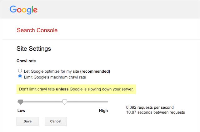 Настройки скорости сканирования Google Search Console