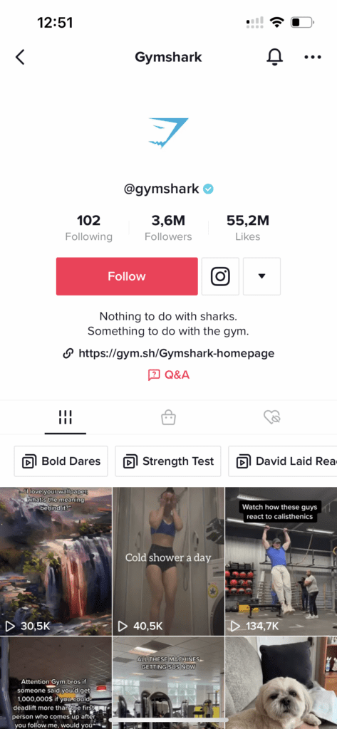 حساب TikTok للأعمال في Gym Shark