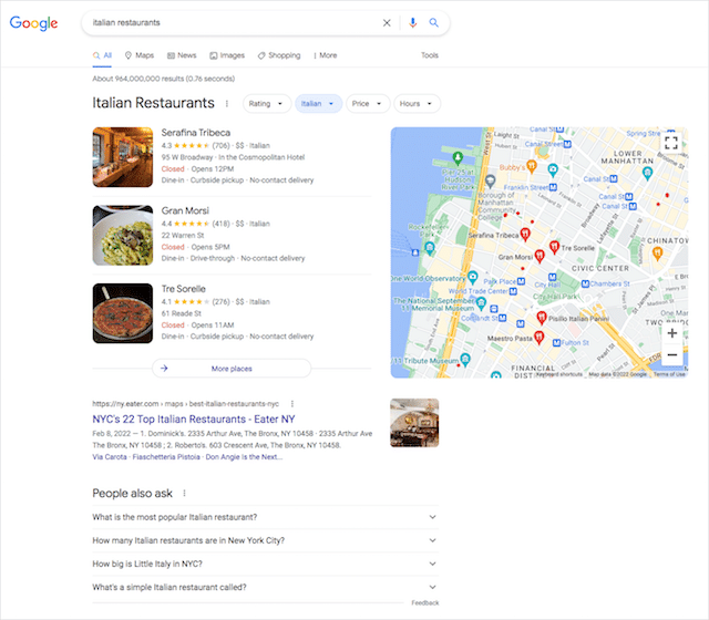 이탈리아 음식점 SERP 뉴욕