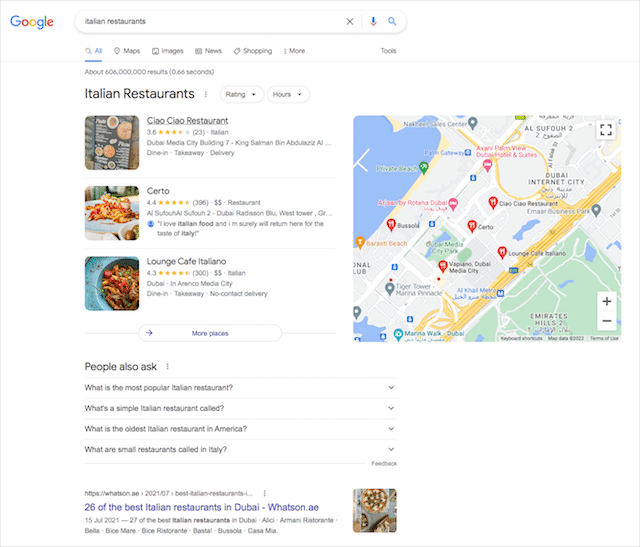 이탈리아 음식점 SERP 두바이