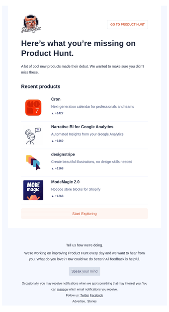 E-mail de reengajamento do Product Hunt
