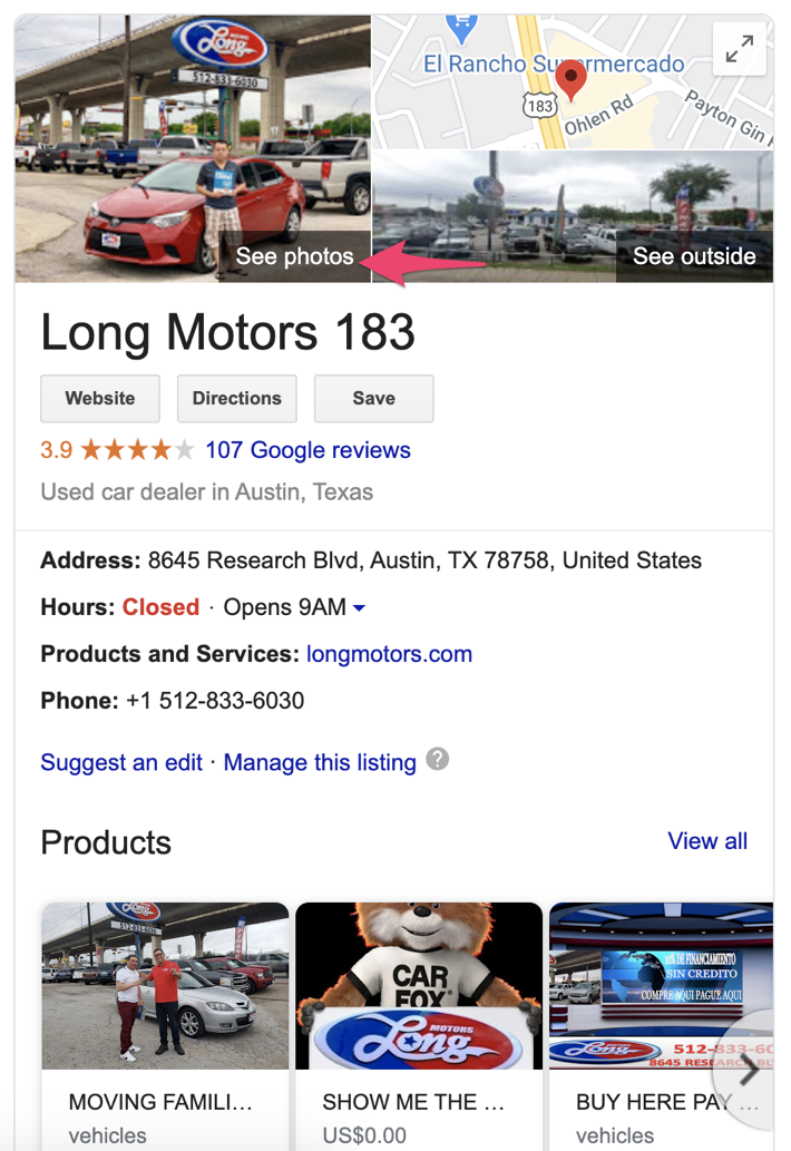 Przykład wizytówki dealera w Google Moja Firma