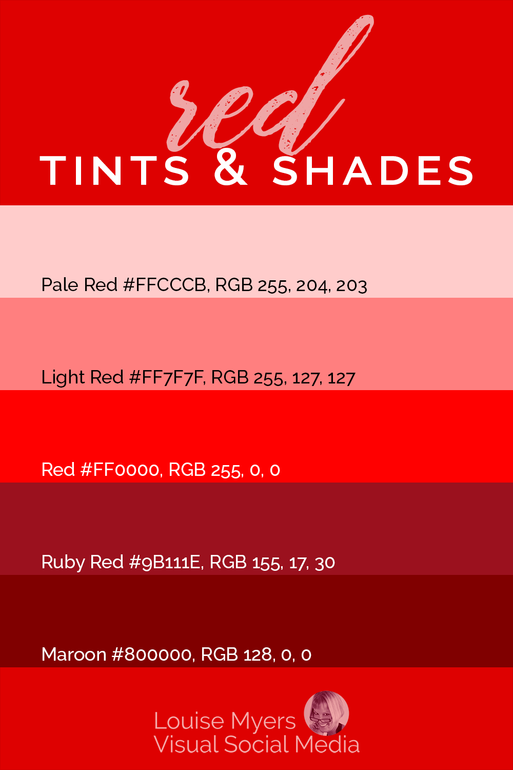 แถบสีแดง 5 สีและเฉดสีพร้อมรหัสฐานสิบหกและค่า RGB