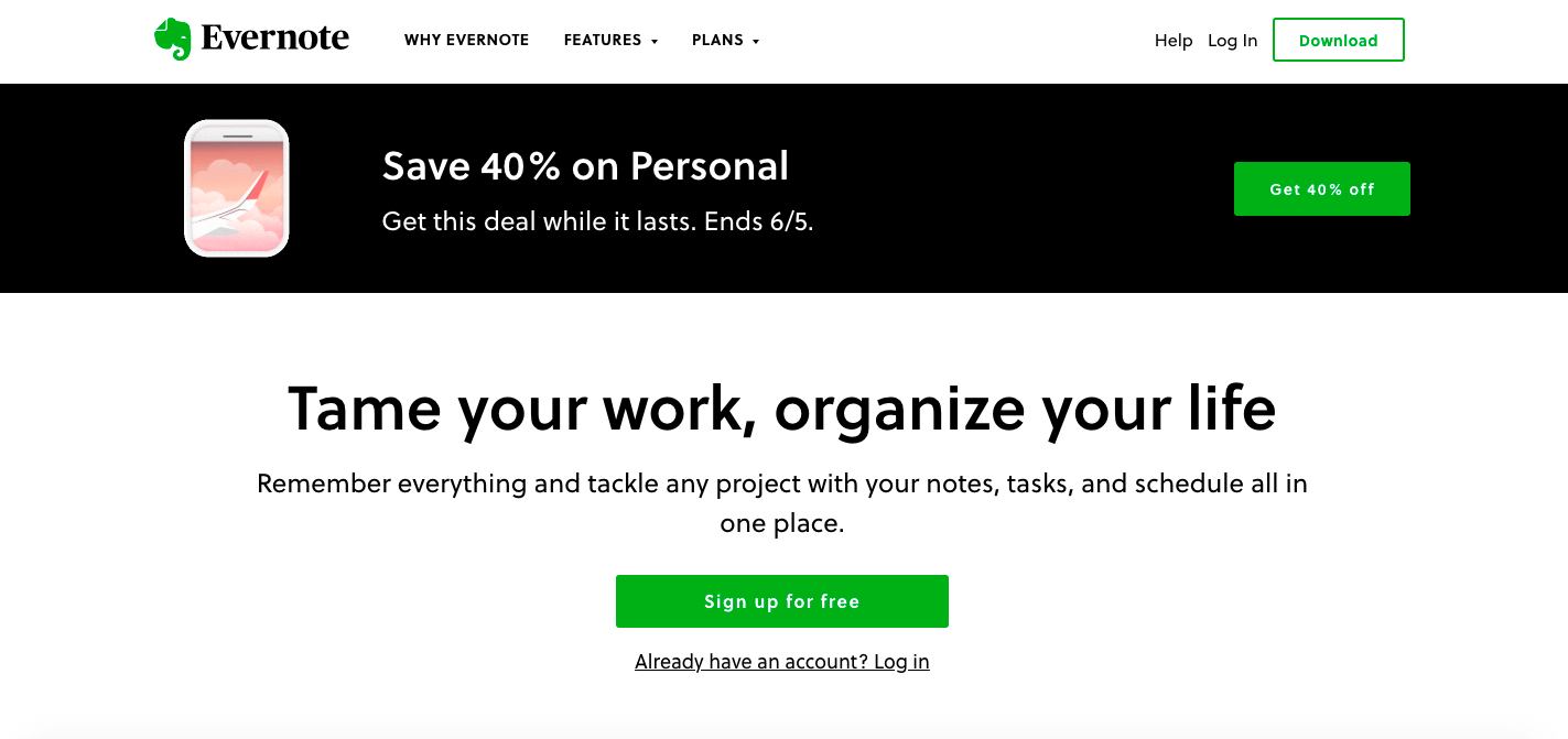 CTA 예시 Evernote 홈페이지