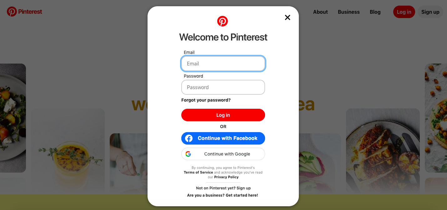 CTA 예시 Pinterest 홈페이지